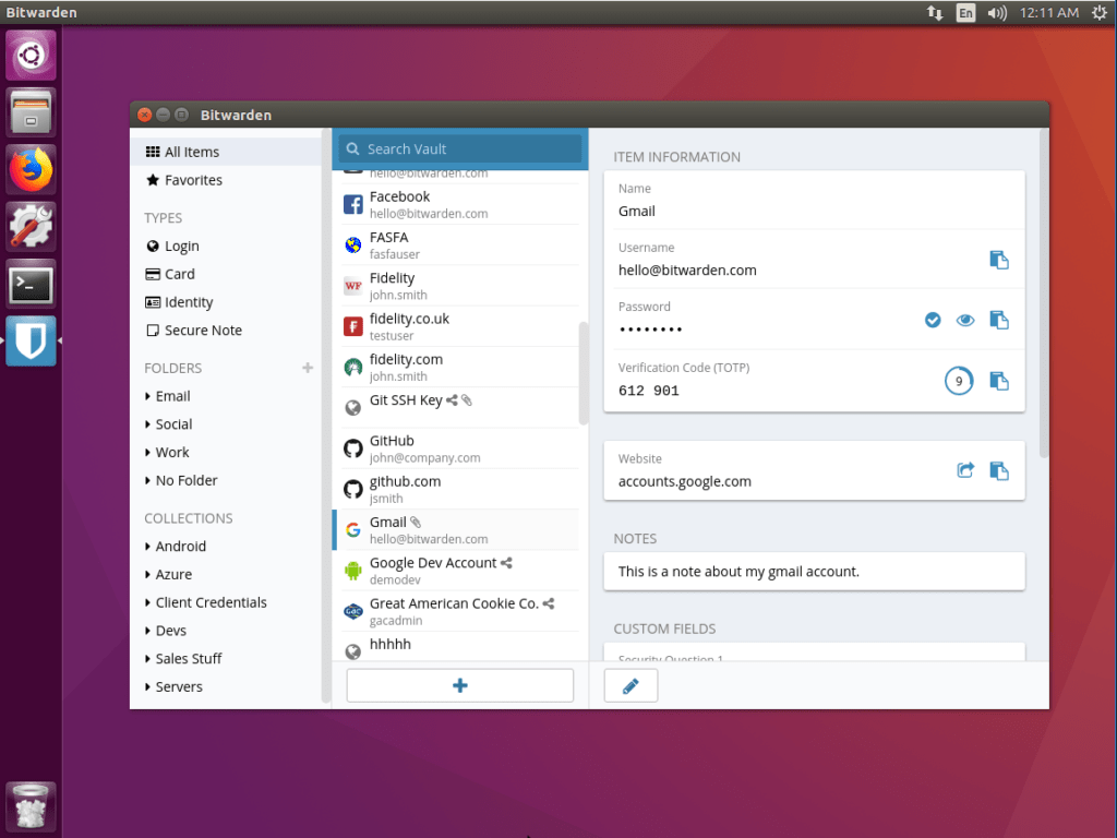 Sample picture of Bitwarden on Ubuntu GNU+Linux