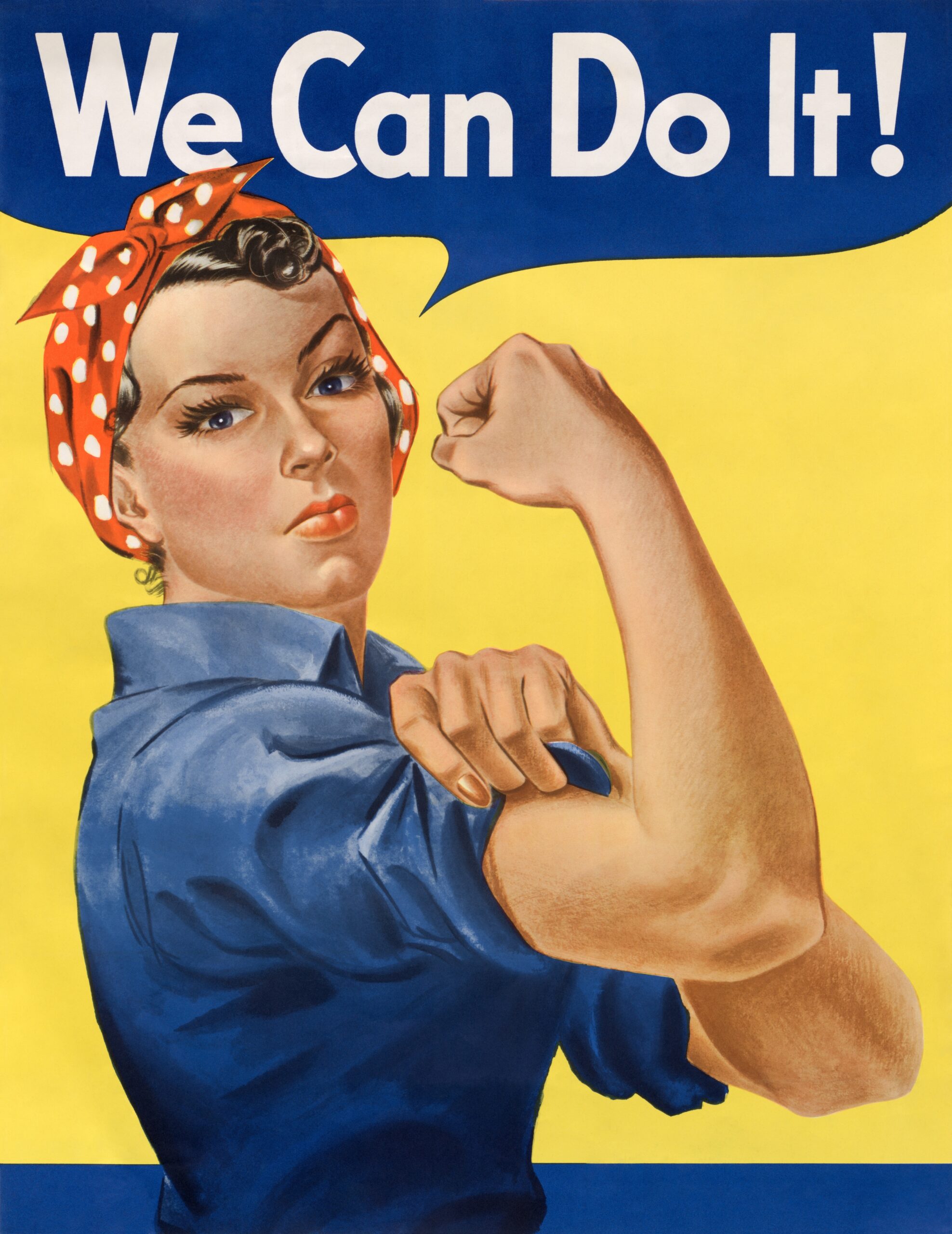 "We Can Do It!", also called "Rosie the Riveter" after the iconic figure of a strong female war production worker (1942-1945) lithograph poster by J. Howard Miller. Original public domain image from Wikimedia Commons.