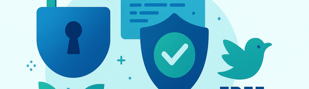 A flat-style digital illustration in shades of blue and green symbolizing software freedom and digital security. It features an open padlock, a shield with a checkmark, and a stylized code panel. To the right, there’s a circular keyhole icon representing free software, accompanied by the bold text “FREE SOFTWARE.” The background includes abstract dots, plus signs, and plant elements, creating a clean and modern tech aesthetic.