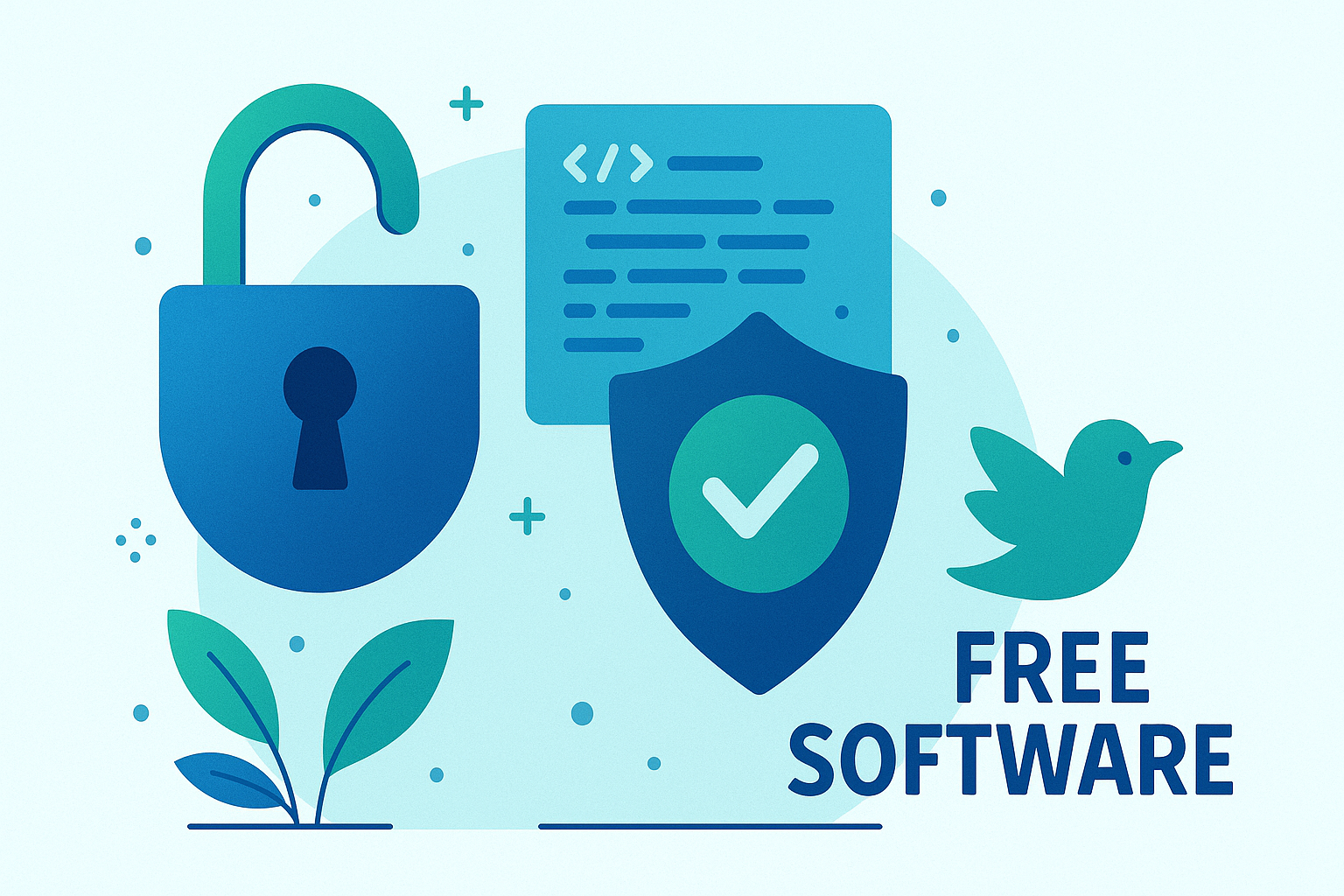 A flat-style digital illustration in shades of blue and green symbolizing software freedom and digital security. It features an open padlock, a shield with a checkmark, and a stylized code panel. To the right, there’s a circular keyhole icon representing free software, accompanied by the bold text “FREE SOFTWARE.” The background includes abstract dots, plus signs, and plant elements, creating a clean and modern tech aesthetic.