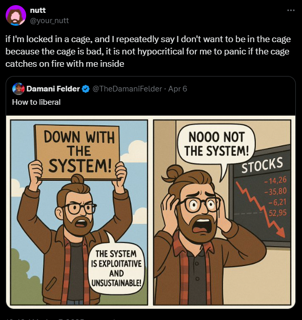 Tweet by user @your_nutt replying to @TheDamaniFelder. The original tweet shows a comic titled “How to liberal” with two panels: in the first, a bearded man with glasses holds a sign that says “DOWN WITH THE SYSTEM!” and a button reading “The system is exploitative and unsustainable!”; in the second, the same man panics in front of a falling stock chart, shouting “NOOO NOT THE SYSTEM!”. The quote tweet text reads: “if I’m locked in a cage, and I repeatedly say I don’t want to be in the cage because the cage is bad, it is not hypocritical for me to panic if the cage catches on fire with me inside.”